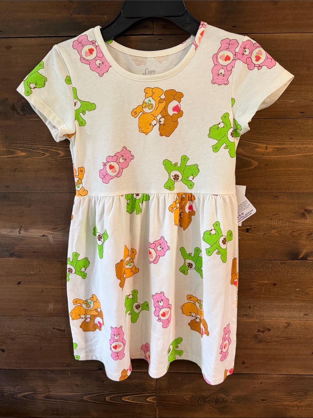 Girls Care Bears White Dress with Pink, Green & Orange Bear Print